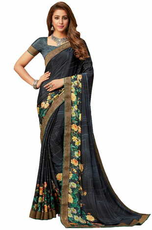 MGC Crepe Black colour saree with blouse piece SP950