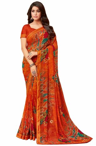 MGC Georgette Orange colour saree with blouse piece SP1015