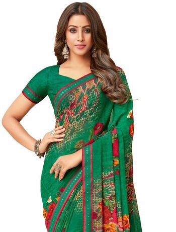 MGC Georgette Green colour saree with blouse piece SP1014