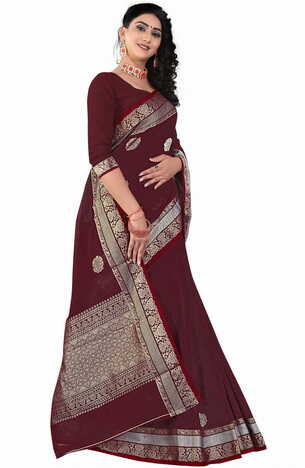 MGC Sof Linen Wine Colour saree with blouse Piece  SP234