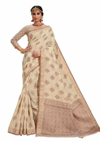 MGC Fancy Cotton  With Resham Work White Colour Saree With Blouse Piece Sp533