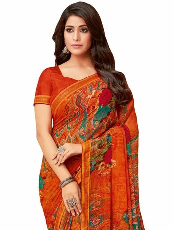 MGC Georgette Orange colour saree with blouse piece SP1015