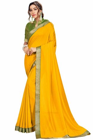 Vichitra Yellow Color Saree With Blouse Piece by MGC