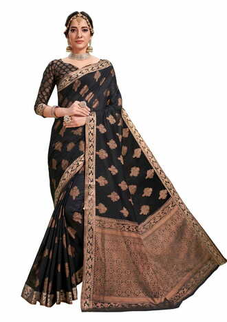 MGC Fancy Cotton  With Resham Work Black Colour Saree With Blouse Piece Sp534