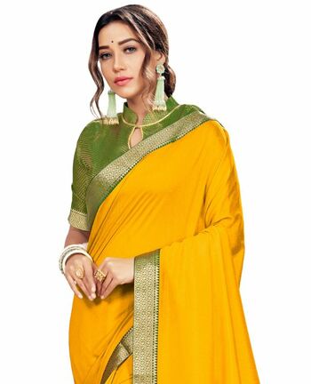 Vichitra Yellow Color Saree With Blouse Piece by MGC