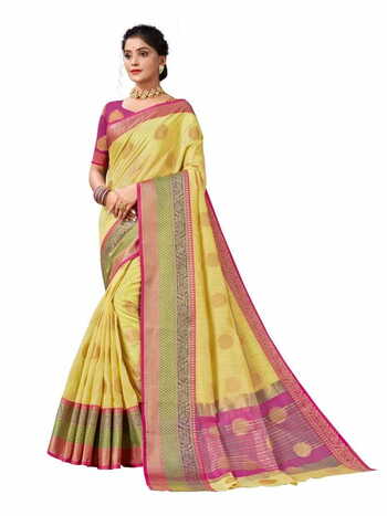 MGC Mercerised Cotton Silk  Yellow Colour Saree With Blouse Piece Sp551