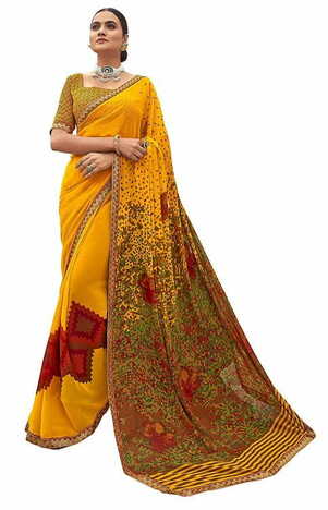 MGC Pure Georgette Yellow colour saree with blouse piece SP771