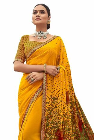 MGC Pure Georgette Yellow colour saree with blouse piece SP771