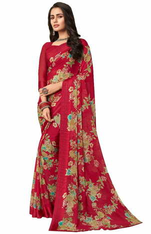 MGC Chiffon Red colour saree with blouse piece SP956