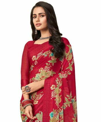 MGC Chiffon Red colour saree with blouse piece SP956