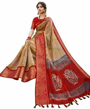 MGC Cotton Silk  Beige & Red colour saree with blouse piece SP842