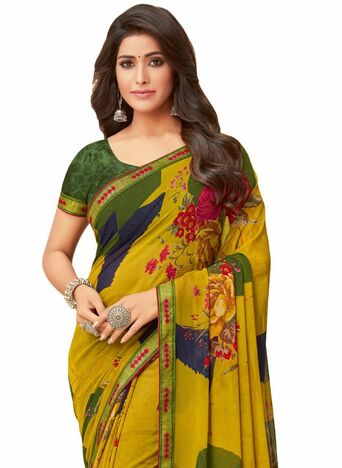 MGC Georgette Yellow colour saree with blouse piece SP1017