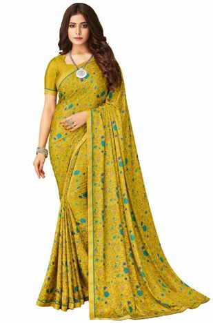 Crepe Silk Yellow Color Saree With Blouse Piece by MGC