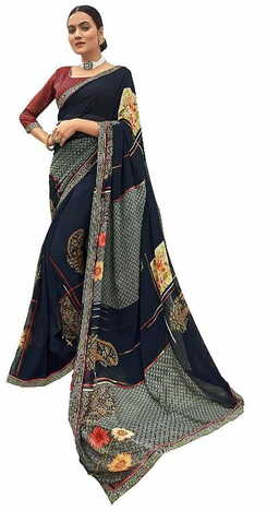 MGC Pure Georgette Navy Blue colour saree with blouse piece SP768