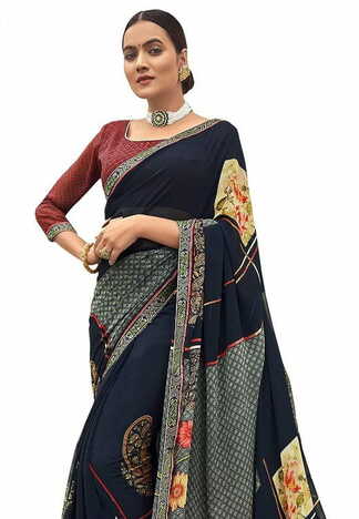 MGC Pure Georgette Navy Blue colour saree with blouse piece SP768