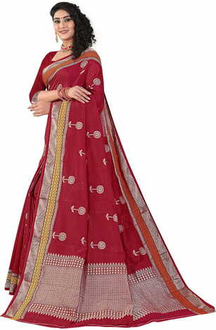 MGC Sof Linen Maroon Colour saree with blouse Piece  SP236