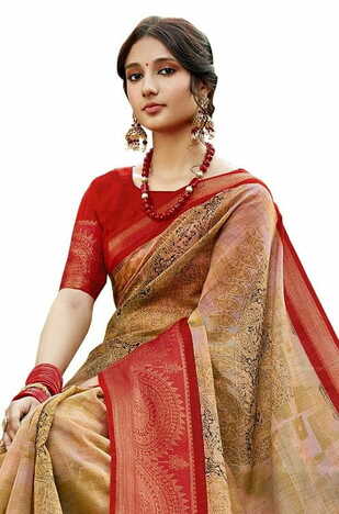 MGC Cotton Silk  Beige & Red colour saree with blouse piece SP842