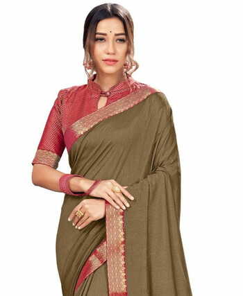 Vichitra Tan Color Saree With Blouse Piece by MGC