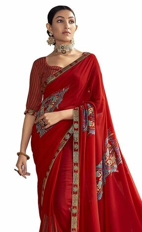 MGC Pure Georgette Red  colour saree with blouse piece SP769