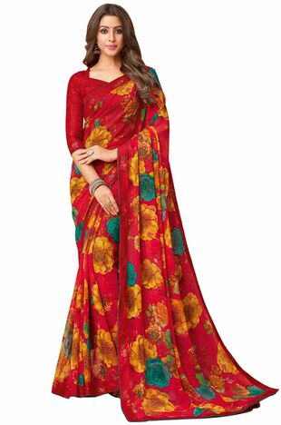 MGC Georgette Red colour saree with blouse piece SP1019