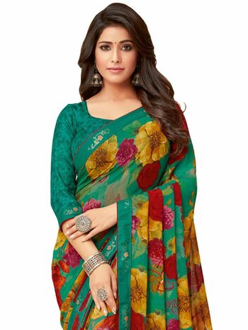 MGC Georgette Green colour saree with blouse piece SP1018