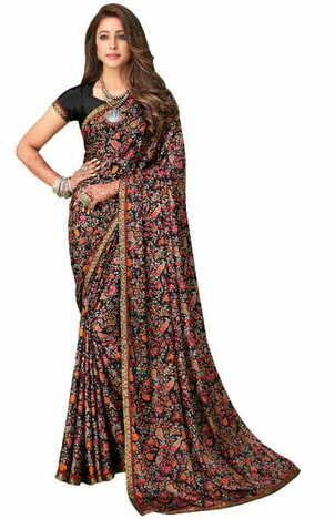 Crepe Silk Black Color Saree With Blouse Piece by MGC