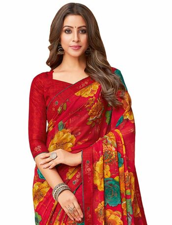 MGC Georgette Red colour saree with blouse piece SP1019