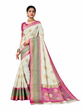 MGC Mercerised Cotton Silk  Cream Colour Saree With Blouse Piece Sp550