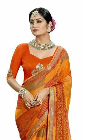 MGC Chiffon Orange colour saree with blouse piece SP777