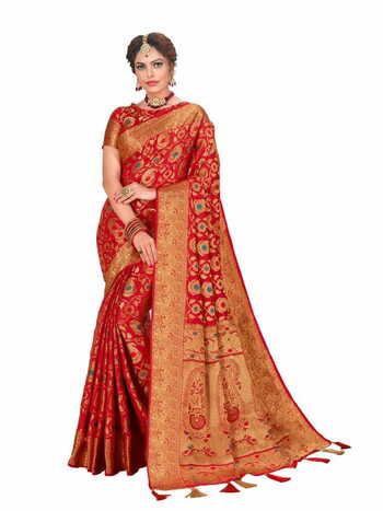 MGC Soft Silk Rich Pallu With Meena Red Colour Saree With Blouse Piece Sp569