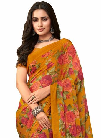 MGC Chiffon Yellow colour saree with blouse piece SP960