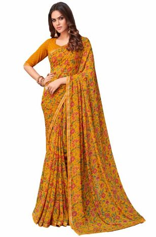 Georgette Yellow Color Saree With Blouse Piece by MGC