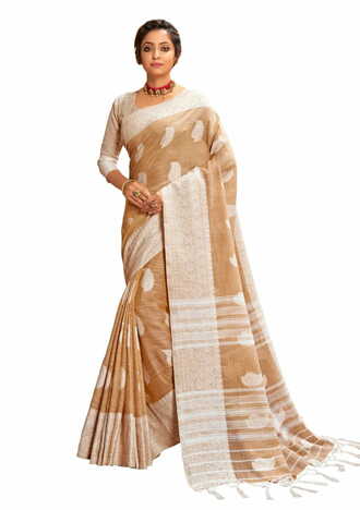 MGC Cotton Linen With Resham Work Rust Colour Saree With Blouse Piece Sp608