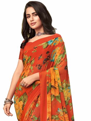 MGC Chiffon Orange colour saree with blouse piece SP973