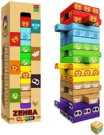 MGC Imperium Colourful Animal Zenga Wooden Stacking Game Wooden Building Blocks Puzzle 54 Pcs Challenging Game For Kids