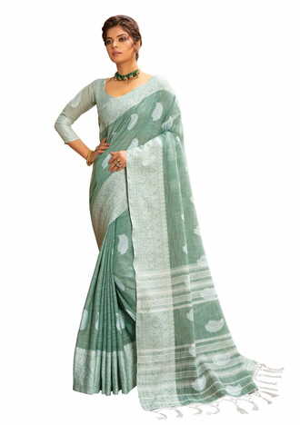 MGC Cotton Linen With Resham Work Sea Foam Colour Saree With Blouse Piece Sp605