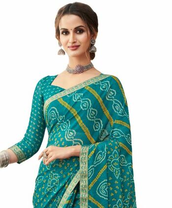 Chiffon Turquoise Color Saree With Blouse Piece by MGC