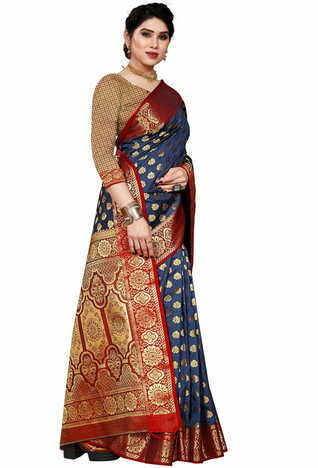 MGC Jacquard Silk Blue Colour Saree With Blouse Piece SP404