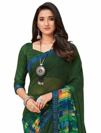 MGC Georgette Green colour saree with blouse piece SP909