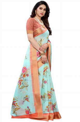 MGC Linen Pista Colour Saree With Blouse Piece Sp588