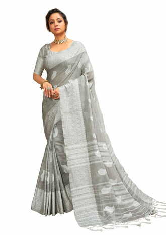 MGC Cotton Linen With Resham Work Gray Colour Saree With Blouse Piece Sp607