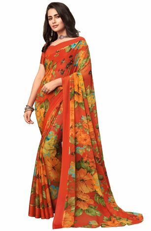 MGC Chiffon Orange colour saree with blouse piece SP973