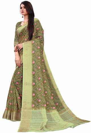 MGC Banarasi Linen Mehandi coloue sarees with blouse piece SP343