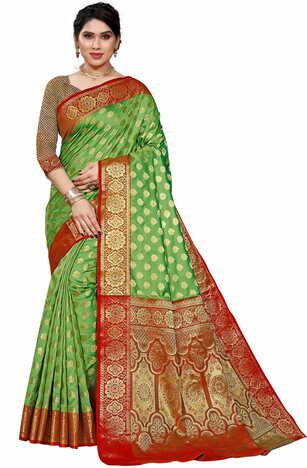MGC Jacquard Silk Green Colour Saree With Blouse Piece SP405