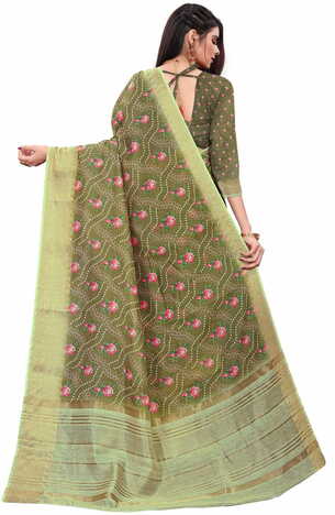 MGC Banarasi Linen Mehandi coloue sarees with blouse piece SP343