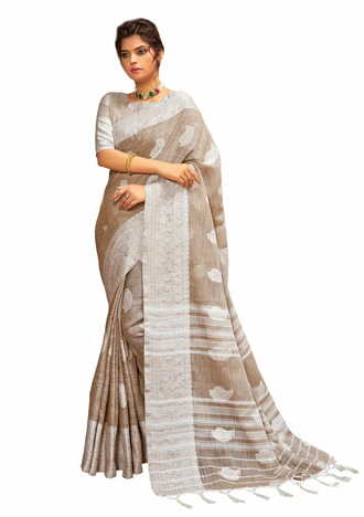 MGC Cotton Linen With Resham Work Tan Colour Saree With Blouse Piece Sp610