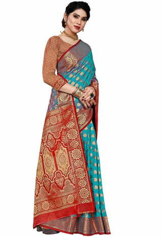 MGC Jacquard Silk Rama Colour Saree With Blouse Piece SP406