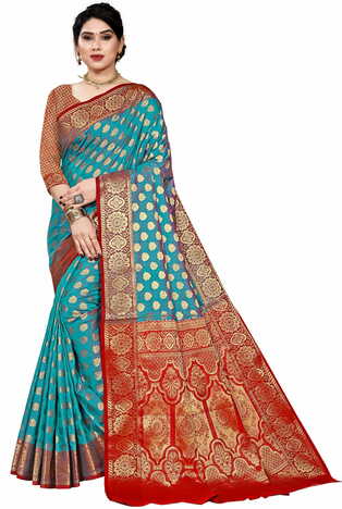 MGC Jacquard Silk Rama Colour Saree With Blouse Piece SP406