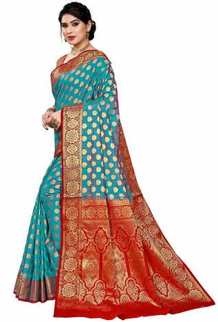 MGC Jacquard Silk Rama Colour Saree With Blouse Piece SP406