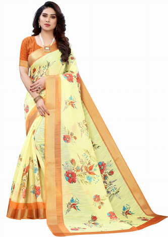 MGC Linen Yellow Colour Saree With Blouse Piece Sp590